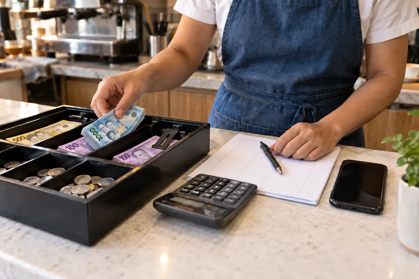 A café operator counting Philippine peso notes beside a cash tray, coins, count sheet and calculator, with a phone set apart