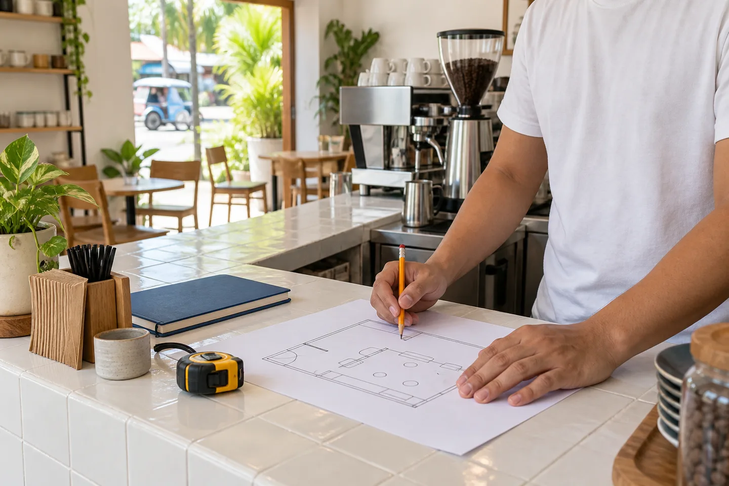 A café owner reviewing a floor-plan sketch at a counter beside a tape measure, with coffee equipment in the background