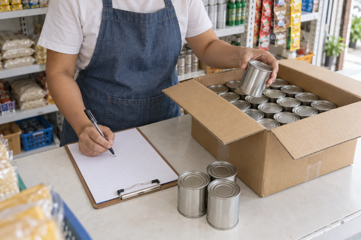 A shopkeeper counting individual cans from an open cardboard case beside a stock sheet on a clipboard